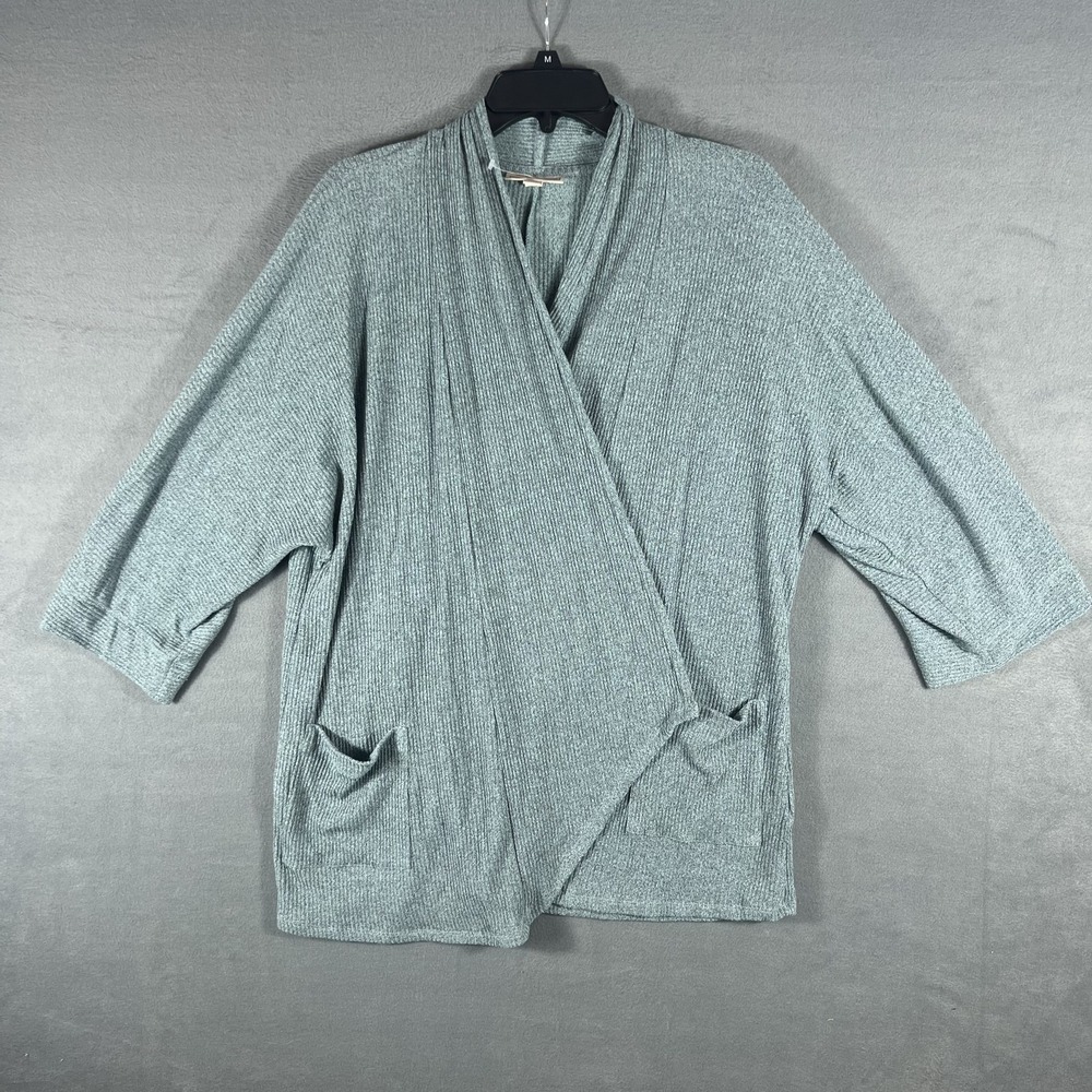 Dana Buchman Women's L Large Heather Teal Ribbed Knit Wrap Cardigan Sweater